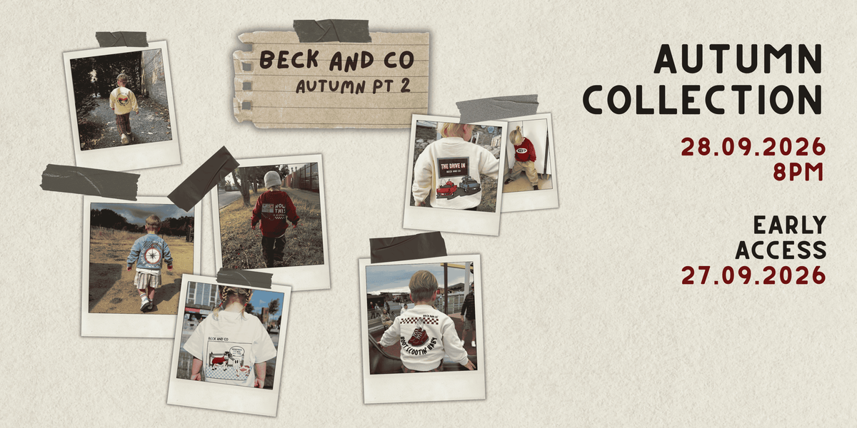 Promotional graphic for 'Beck and Co Autumn PT 2' showing a collage of Polaroid-style photos of people outdoors and wearing athletic wear, alongside text reading 'AUTUMN COLLECTION', '28.09.