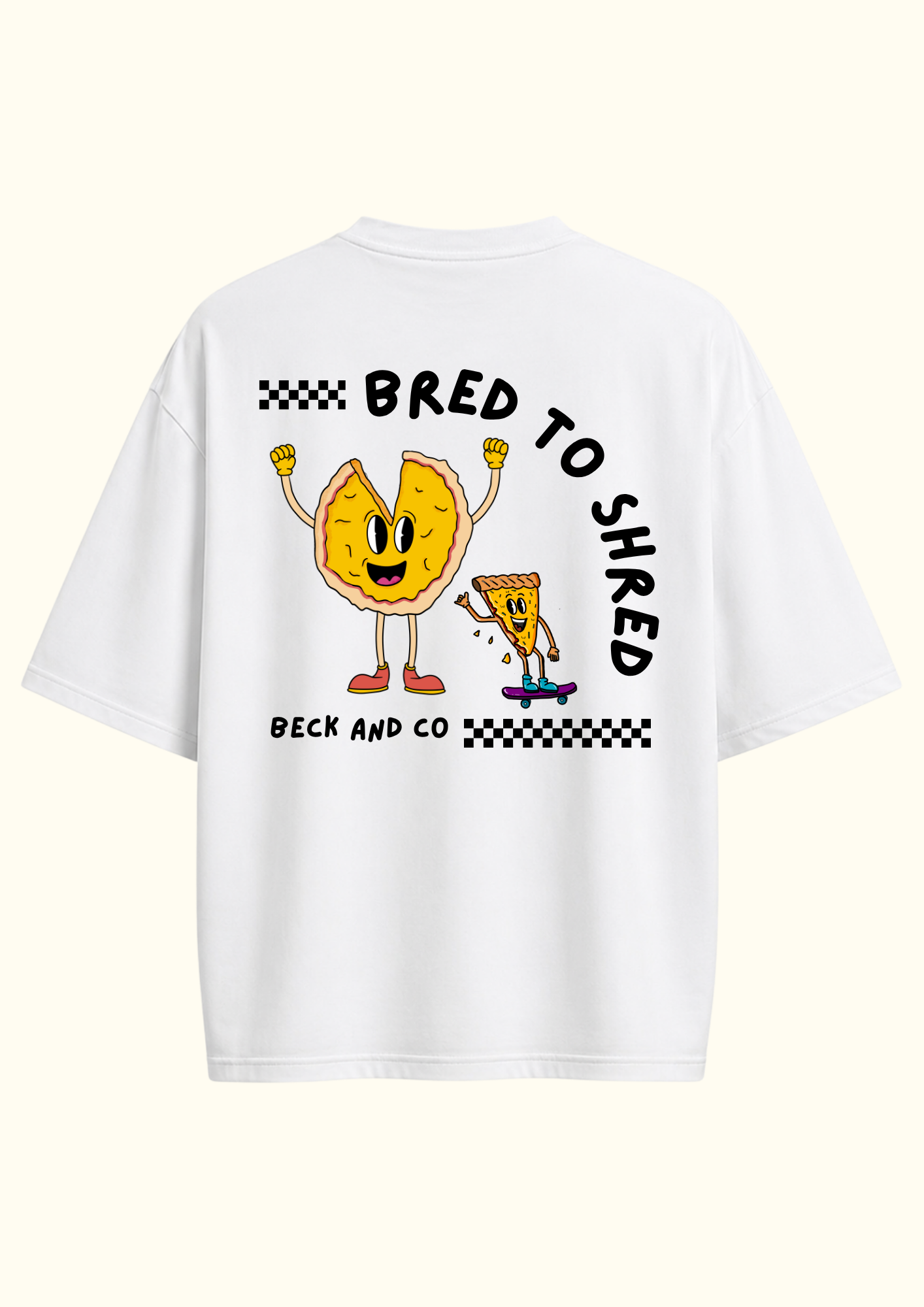 White illustrated skater t-shirt with cartoon graphics and text on a white background