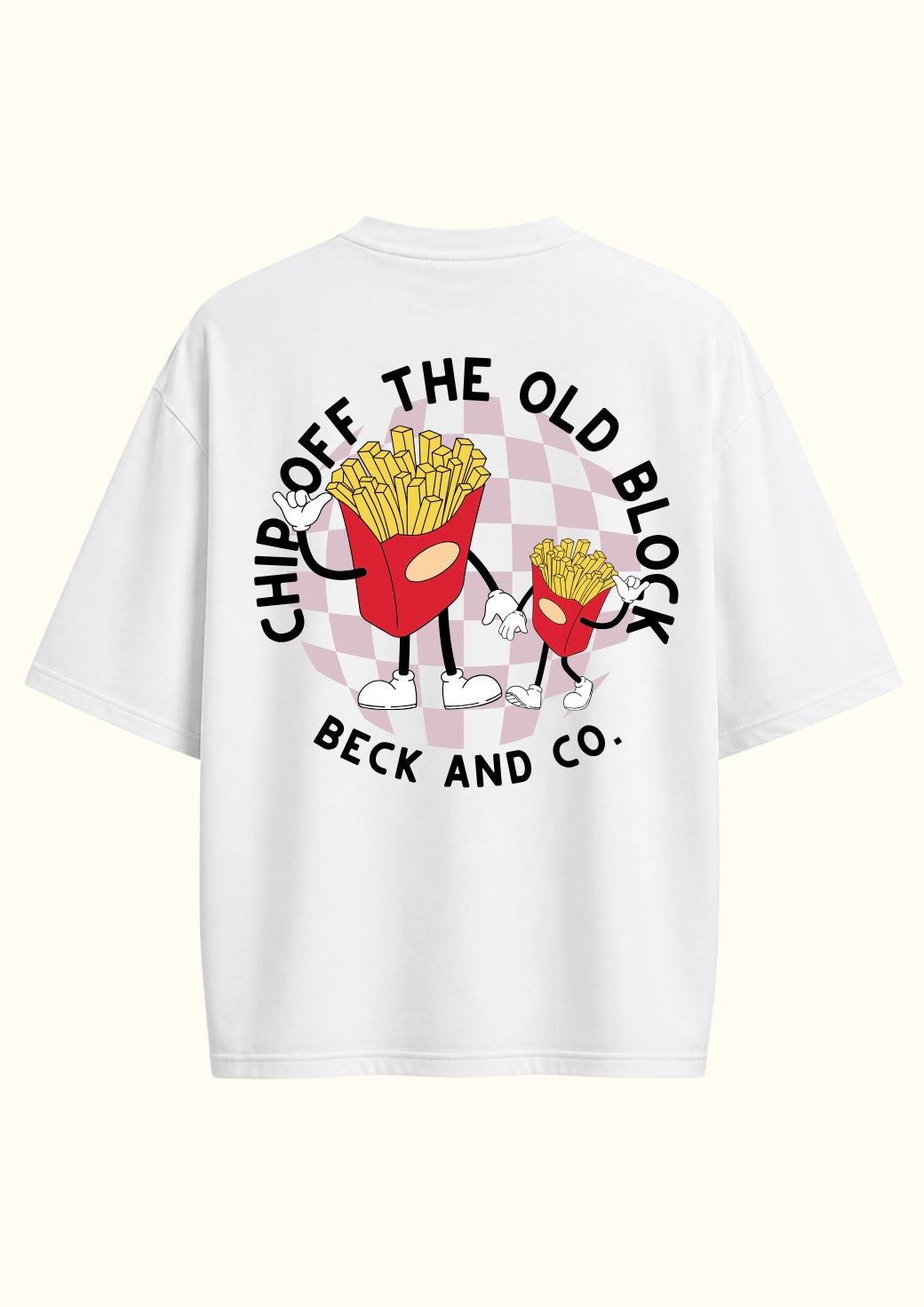White t-shirt with graphic design of fries and text on a white background