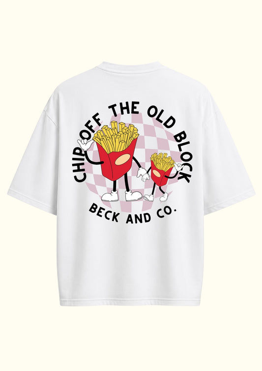 White t-shirt with graphic design of fries and text on a white background