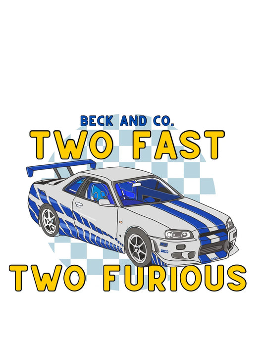 Beck and Co. kids streetwear design with cartoon race car, blue stripes, and 'Two Fast Two Furious' text