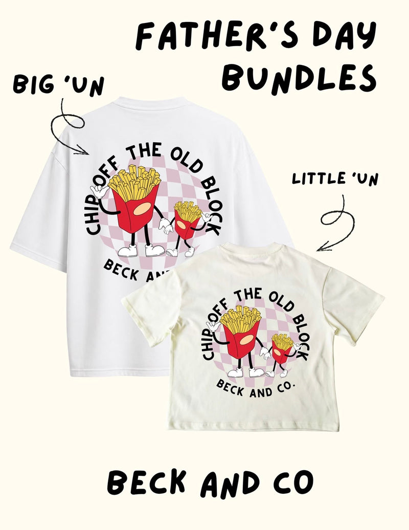 Two white t-shirts with a cartoon design of fries and text, labeled 'Big 'Un' and 'Little 'Un', with 'Beck and Co' branding.
