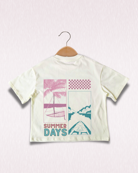 Children's t-shirt with 'Summer Days' design on a hanger against a light background