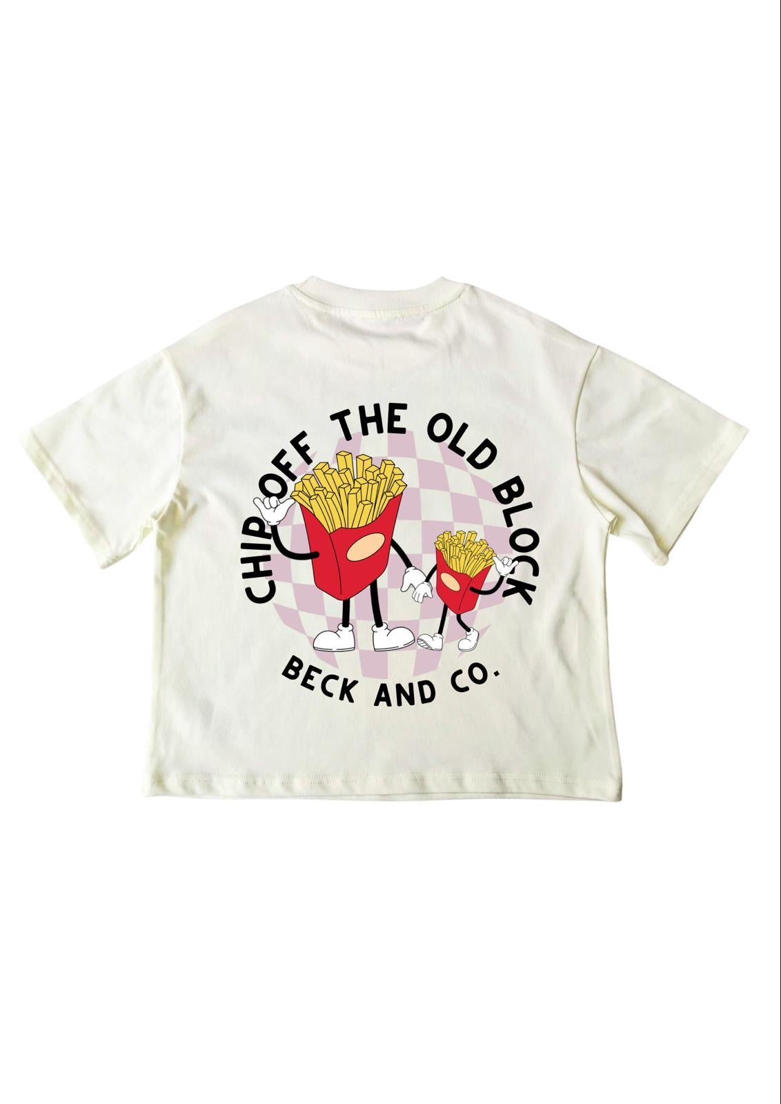 White t-shirt with cartoon fries design and text on a white background