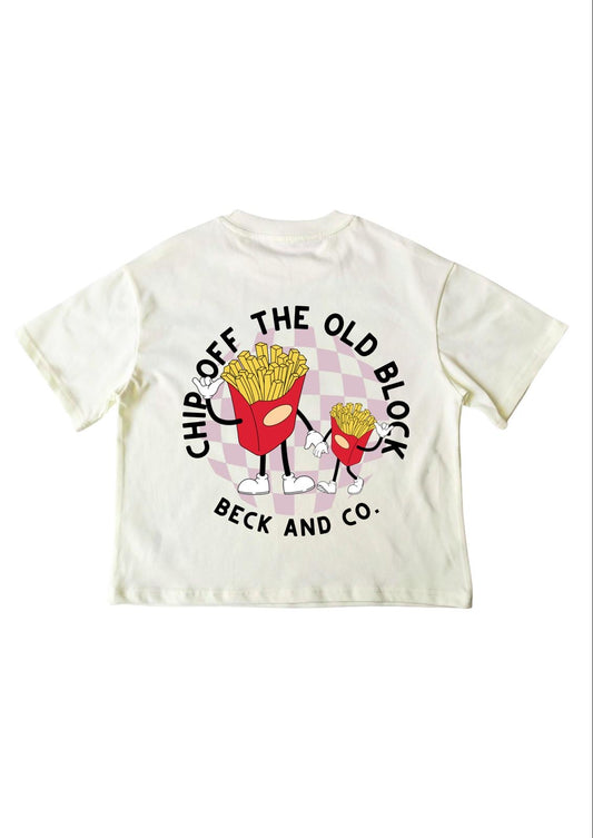 White t-shirt with cartoon fries design and text on a white background