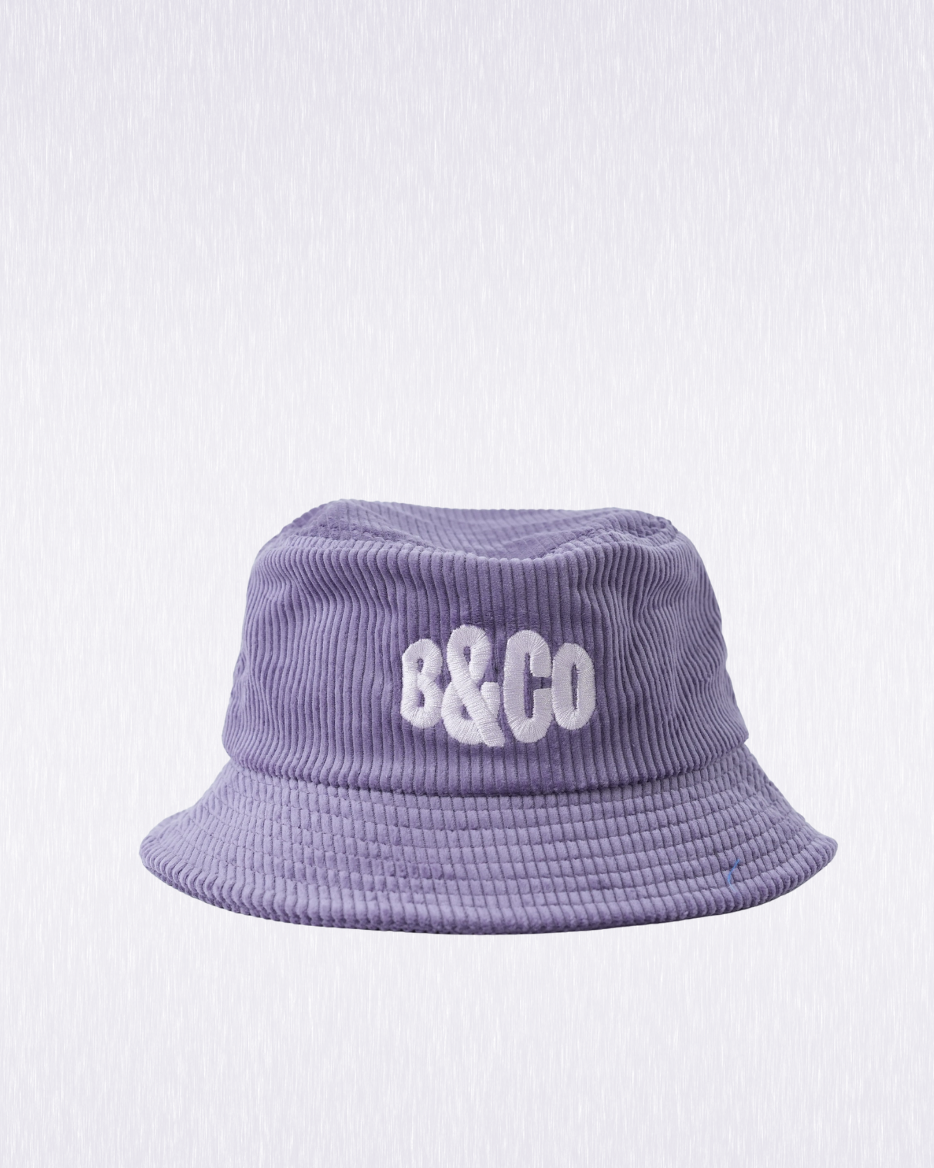 Purple bucket hat with 'B&Co' logo on a light gray background