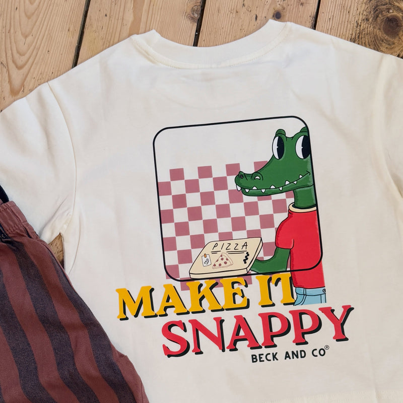Make It Snappy oversized children’s t-shirt with crocodile pizza back print