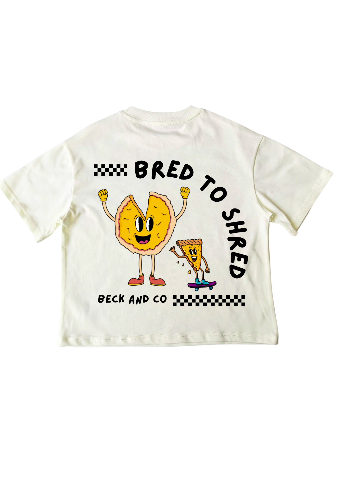 White t-shirt with cartoon characters and text 'Bred to Shred' on a white background
